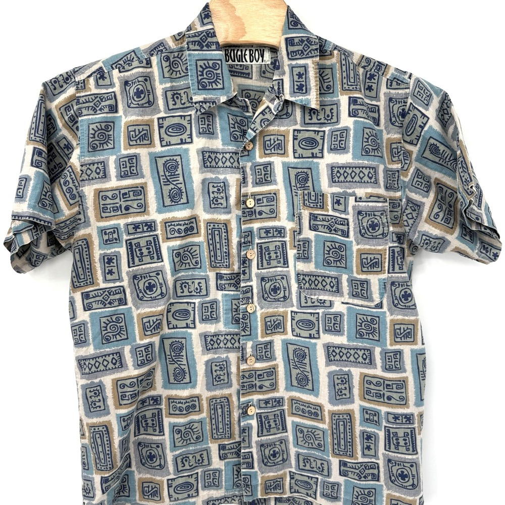Bugle Boy Button Down Shirt Mens L Blue Geometric Tribal Print Vintage 90s Ramie